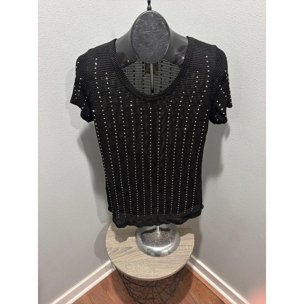 Vocal Women's Black Stipped Embellished T-Shirt Y2k Small Made in USA